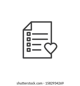Marriage contract document line icon. linear style sign for mobile concept and web design. Checklist and heart outline vector icon. Heart diagnostic list symbol, logo illustration. Vector graphics