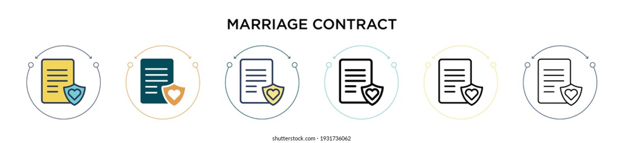 Icono de contrato matrimonial en estilo relleno, delgado, contorno y trazo. Ilustración vectorial de dos íconos vectores de matrimonio de color y negro se pueden usar para móviles, ui, web