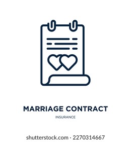 marriage contract icon from insurance collection. Thin linear marriage contract, hand, shield outline icon isolated on white background. Line vector marriage contract sign, symbol for web and mobile