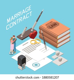 Marriage contract isometric background with hugging couple pair of wedding rings document certified by notary vector illustration