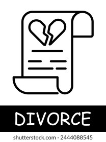 Symbol für die Heiratsvertragszeile. Dokument, Scheidung, Ehe, Gericht, Ehemann, Ehefrau, Streit, Familie. Schwarze Symbole auf weißem Hintergrund. Vektorgrafik Line-Symbol für Unternehmen und Werbung
