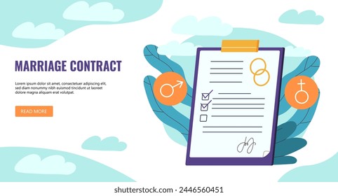 Marriage contract poster. Document and agreement between husband and wife. Legal protection of private property. Landing webpage design. Wedding ceremony. Cartoon flat vector illustration