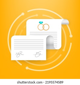 Marriage contract. Prenuptial agreement. Prenup wedding certificate. Vector illustration.