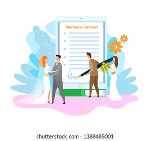 Marriage Contract Signing Flat Vector Illustration. Happy Couple Getting Married. Wife and Husband, Groom and Bride Cartoon Characters. Wedding Registration. Engagement Ceremony Celebration