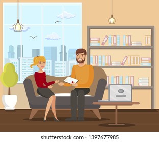 Marriage Contract Signing Flat Vector Illustration. Man and Woman Sitting in Living Room, Lawyer Office Cartoon Characters. Happy Couple Discussing Civil Agreement. Legal Family Relationship