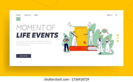 Marriage Contract Signing Landing Page Template. Happy Couple Getting Married. Wife and Husband, Groom and Bride Characters Wedding Registration. Engagement Ceremony. Linear People Vector Illustration