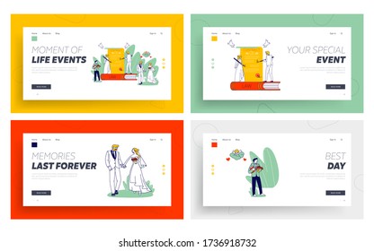 Marriage Contract Signing Landing Page Template Set. Happy Couple Getting Married. Wife and Husband, Groom and Bride Characters Wedding Registration Ceremony. Linear People Vector Illustration