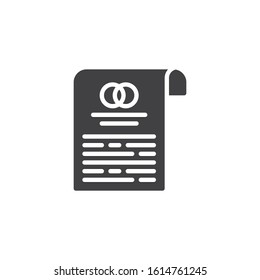 Ícone vetor do contrato de casamento. sinal plano preenchido para conceito móvel e web design. Ícone de glifo do documento do contrato de casamento. Símbolo, ilustração de logotipo. Gráficos vetoriais