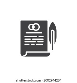 Marriage contract vector icon. filled flat sign for mobile concept and web design. Marriage agreement document glyph icon. Symbol, logo illustration. Vector graphics