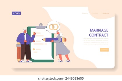 Marriage Contract web or landing. Senior couple with oversized pen and clipboard, symbolic of life's agreements. Committed partnership signing. Flat vector illustration