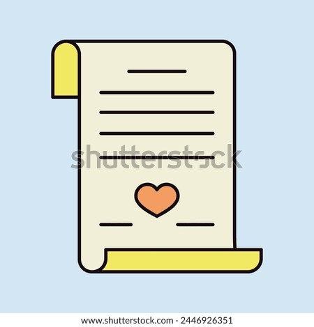 Marriage contract. Wedding certificate isolated icon. Vector illustration, romance elements. Sticker, patch, badge, card for marriage, valentine