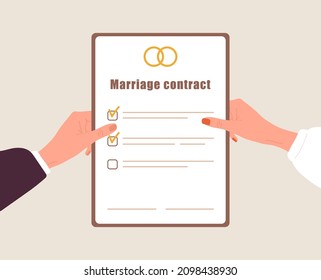 Marriage contract. Woman and man hands holding prenuptial agreement document. Prenup wedding certificate. Couple divorce concept. Top-down view. Vector illustration in flat cartoon style.