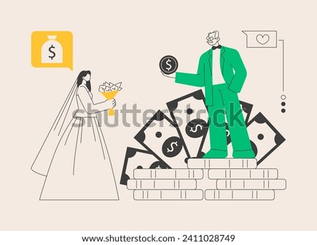 Marriage of convenience abstract concept vector illustration. Political marriage, financial motivation, old rich husband, wedding rings, dollar banknotes, take money from senior abstract metaphor.