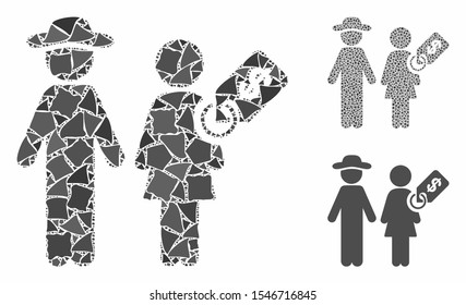 Marriage of convenience composition of abrupt parts in various sizes and color tinges, based on marriage of convenience icon. Vector uneven parts are organized into composition.