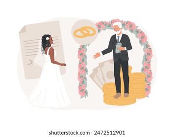 Marriage of convenience isolated concept vector illustration. Political marriage, financial motivation, old rich husband, wedding rings, dollar banknotes, take money from senior vector concept.