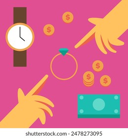 Marriage of convenience with two people. Political marriage, financial motivation, old rich husband, wedding rings, dollar banknotes. Flat vector illustration.