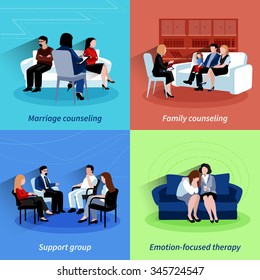 Marriage Counseling Center Family Support And Emotions Therapy 4 Flat Icons Square Composition  Abstract Isolated Vector Illustration