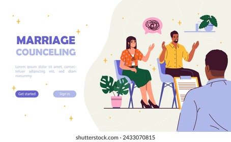 Marriage counseling poster. Man and woman sitting at chairs in psychologist office. Mental health and psychological problems. Landing webpage design. Cartoon flat vector illustration