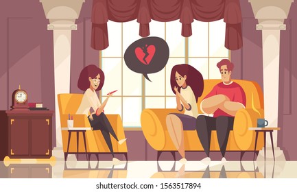 Marriage counselling psychotherapy session with young couple in sexologist office broken heart symbol flat composition vector illustration 