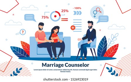 Marriage Counselor, Family Psychologist Help Trendy Flat Vector Ad Vector Banner, Poster Template. Married Couple Visiting Psychological Therapist, Talking with Doctor on Appointment Illustration