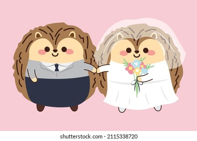 Marriage couple hedgehog cartoon on pink background.Valentine's day.Love.Romance.Bride and groom.Kawaii.Vector.Illustration.