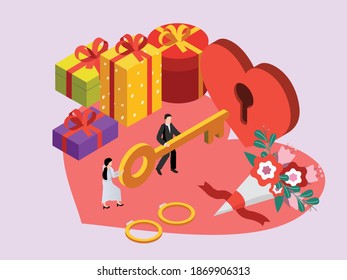 Marriage couple holding a golden key to a heart isometric 3d vector concept for banner, website, illustration, landing page, flyer, etc.