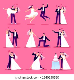 Marriage couple. Just married couples, wedding dancing and weddings celebration. Newlywed bride and groom, marriage ceremony or new husband and wife family. Vector illustration isolated icons set