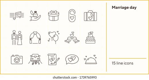 Marriage day icons. Set of line icons. Proposal, just married car, wedding cake. Wedding concept. Vector illustration can be used for topics like marriage, family, love