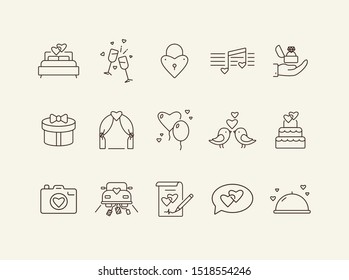 Marriage day line icons. Set of line icons. Birds, just married car, bed. Wedding concept. Vector illustration can be used for topics like marriage, family, love