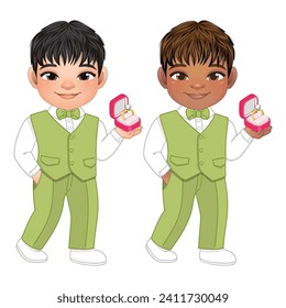 Marriage decoration design concept with green suit man holding ring box in hands. Groom or Page Boy, Ring Bearer Vector illustration