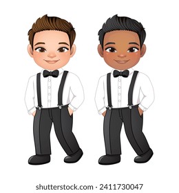 Marriage decoration design concept with young guy in a shirt and a bow tie. Groom or Page Boy put hand in his pant pocket vector illustration