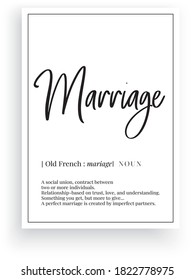 Marriage definition, Minimalist Wording Design isolated on white background. Wall Decoration,  noun description, Wordings Design, Lettering, Art design, artwork. Poster Design 