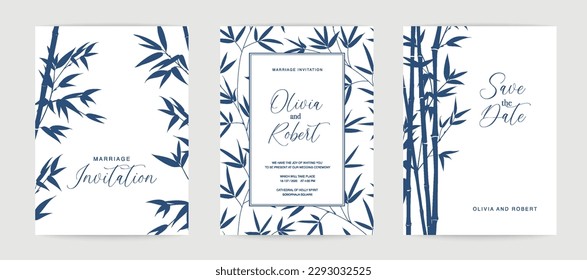 Blaue Heiratsvorlage mit benutzerdefinierten Namen im Rahmen mit Bambusbaum. Vektorgrafik.