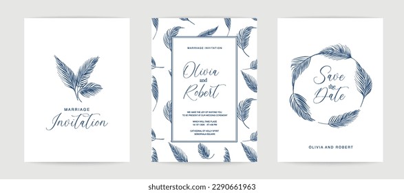 Marriage design template with custom names in frame with palm tree. Vector illustration.
