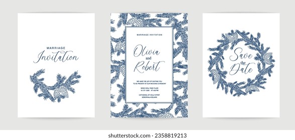 Marriage design template with custom names in frame with fir tree. Vector illustration.