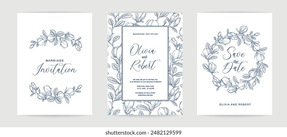 Marriage design template with custom names in frame with floral magnolia. Vector illustration.