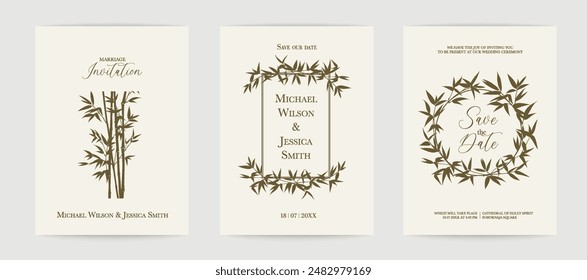 Marriage design template with custom names in frame with bamboo tree. Vector illustration.