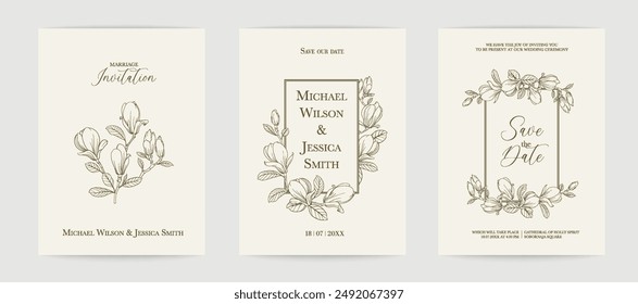Marriage design template with custom names in frame with floral magnolia. Vector illustration.