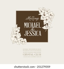 Marriage design template with custom names in square frame with exotic flowers. Vector illustration.