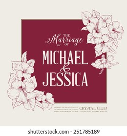 Marriage design template with custom names in square frame with exotic flowers. Vector illustration.