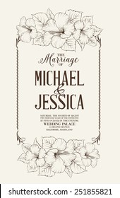 Marriage design template with custom names in square frame with exotic flowers. Vector illustration.