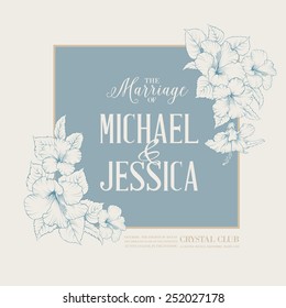 Marriage design template with custom names in square frame with exotic flowers. Vector illustration.