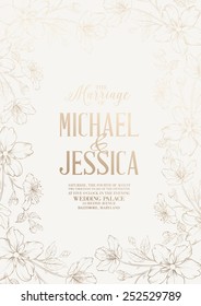 Marriage design template with custom names in frame with exotic flowers. Vector illustration.