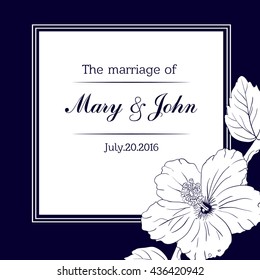 Marriage design template with custom names in square floral frame. wedding invitation. hibiscus. dark blue background