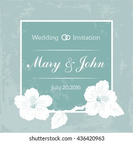 Marriage design template with custom names in square floral frame. wedding invitation. hibiscus. blue background