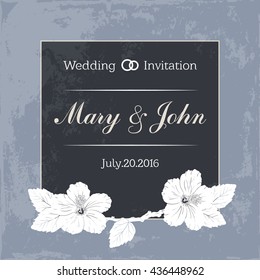 Marriage design template with custom names in square floral frame. Wedding invitation. hibiscus. On a blue background