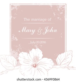 Marriage design template with custom names in square frame  flowers. Vector illustration.