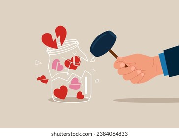 Marriage difficulties problem, divorce. Smashed love heart symbol glass Jar sledgehammer. Vector illustration