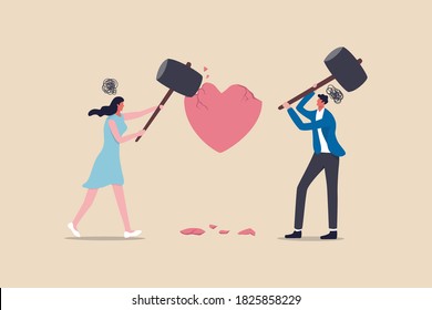 Marriage difficulties problem, divorce or violence or painful in broken relationship couple concept, angry couple husband and wife using big hammer to hit broken heart shape metaphor of family problem