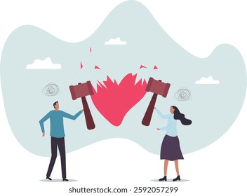 Marriage difficulties problem, divorce or violence or painful in broken relationship couple.business concept.flat character.